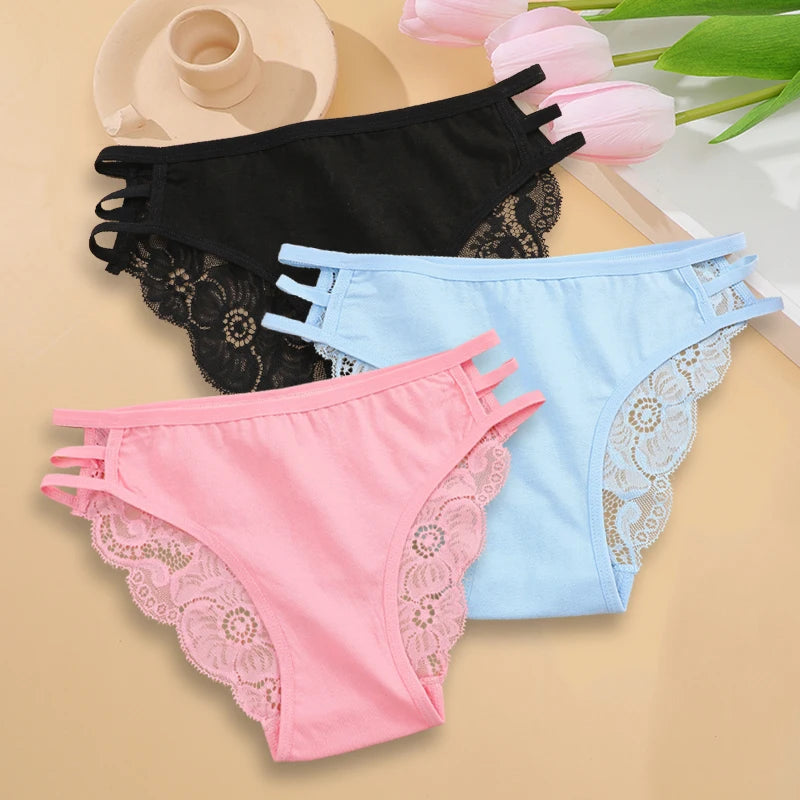 Calcinha Feminina Floral Renda Transparente Cintura Baixa 3 Peças