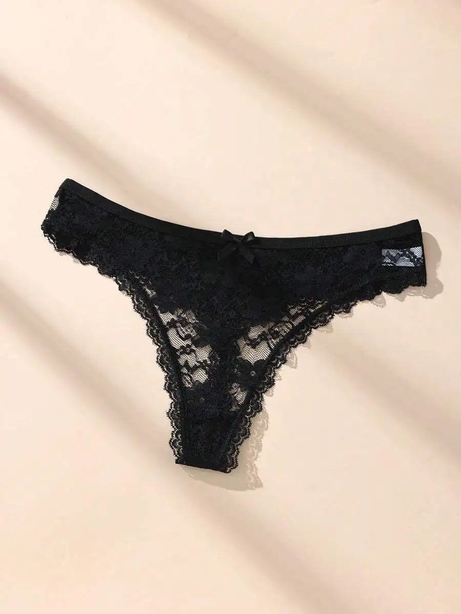 Calcinha Fio Dental Renda Transparente Feminina 3 Peças