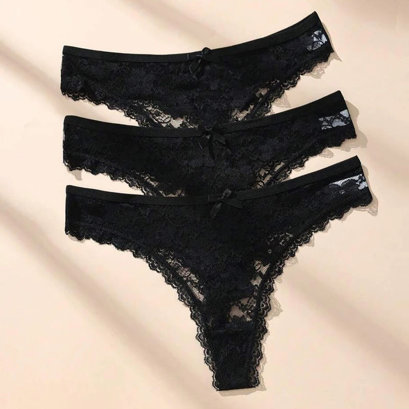 Calcinha Fio Dental Renda Transparente Feminina 3 Peças