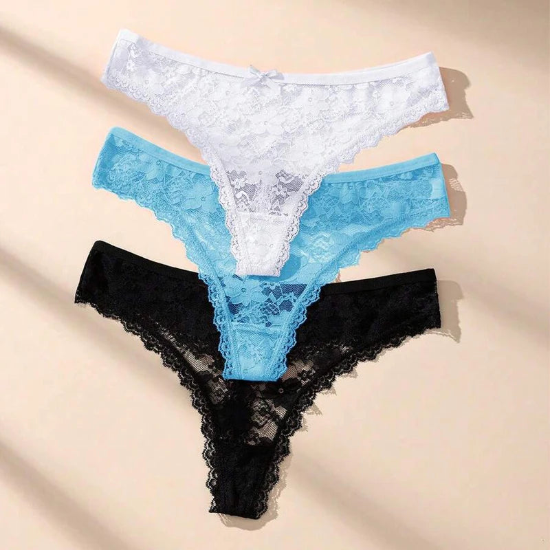 Calcinha Fio Dental Renda Transparente Feminina 3 Peças