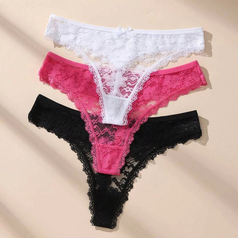 Calcinha Fio Dental Renda Transparente Feminina 3 Peças