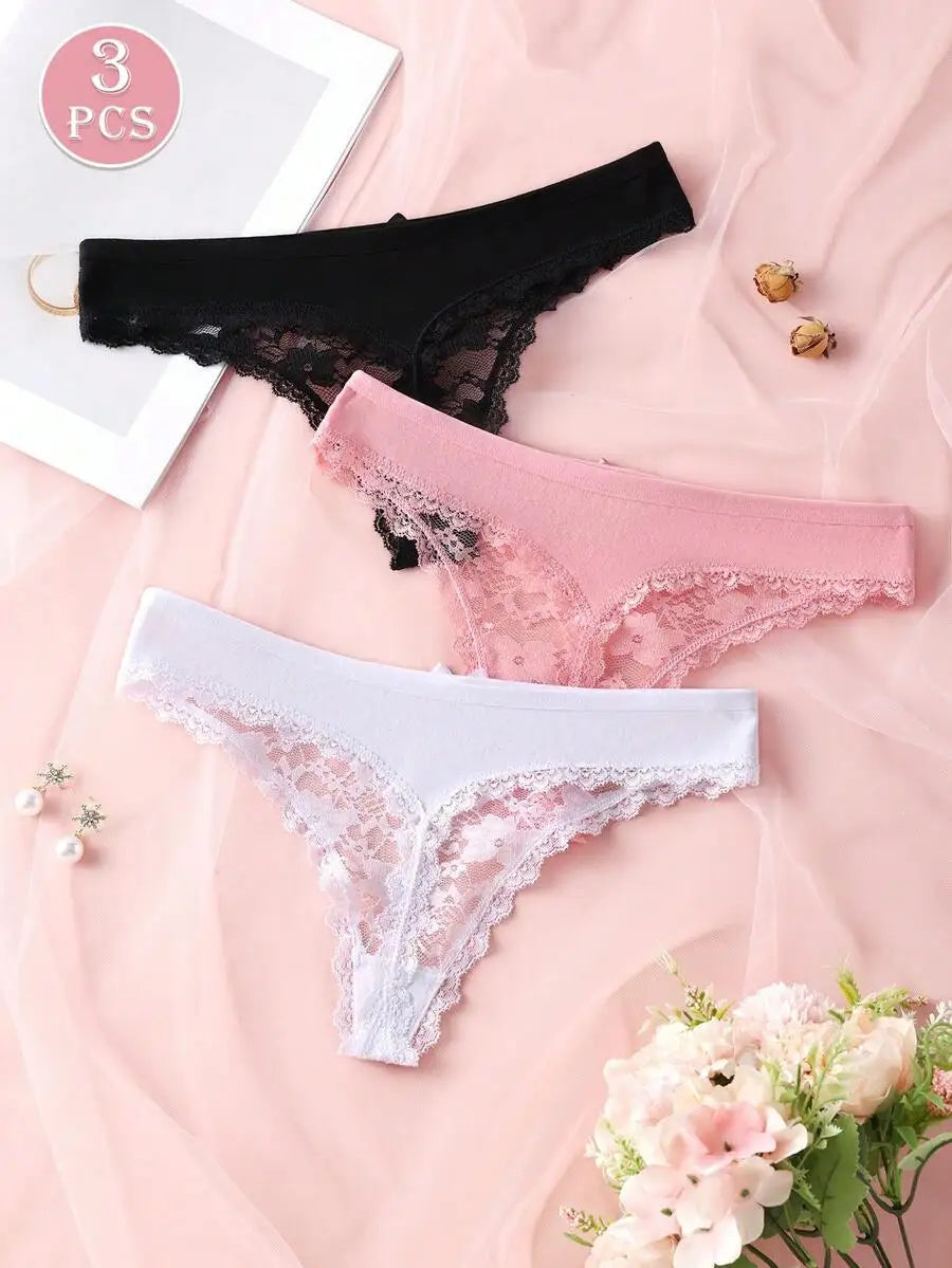 Calcinha Fio Dental Renda Transparente Feminina 3 Peças