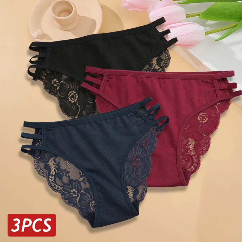 Calcinha Feminina Floral Renda Transparente Cintura Baixa 3 Peças