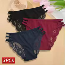 Calcinha Feminina Floral Renda Transparente Cintura Baixa 3 Peças