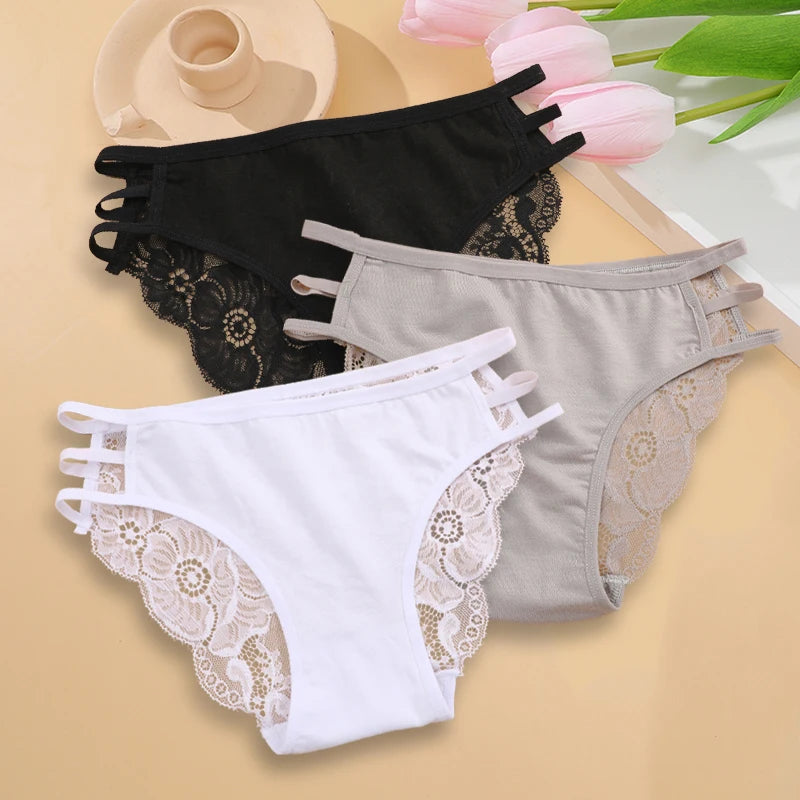 Calcinha Feminina Floral Renda Transparente Cintura Baixa 3 Peças
