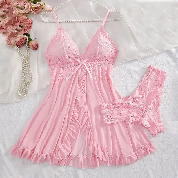 Vestido Lingerie Sexy Renda Transparente Decote V