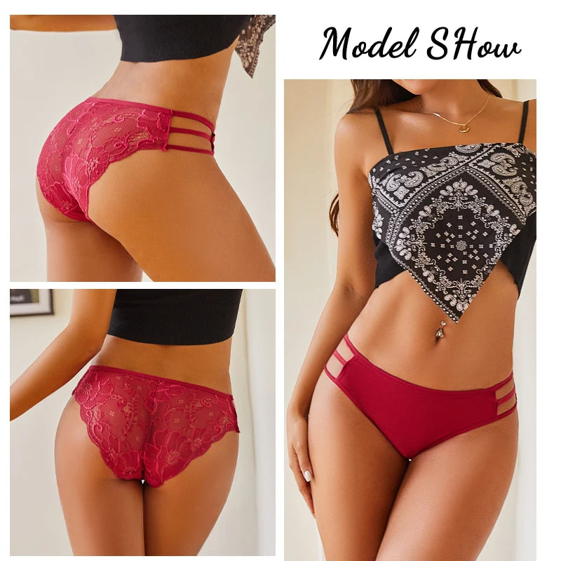 Calcinha Feminina Floral Renda Transparente Cintura Baixa 3 Peças