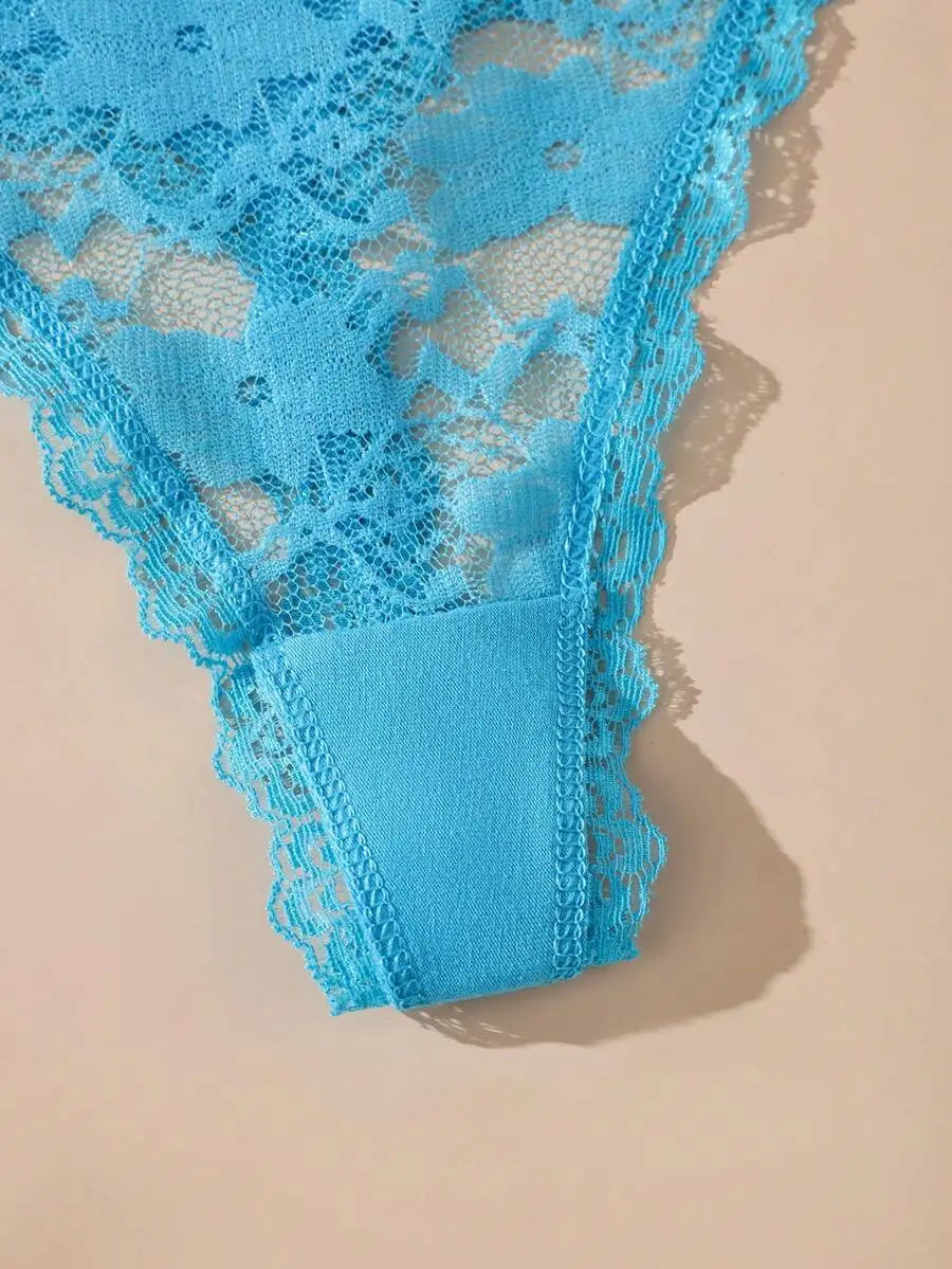 Calcinha Fio Dental Renda Transparente Feminina 3 Peças