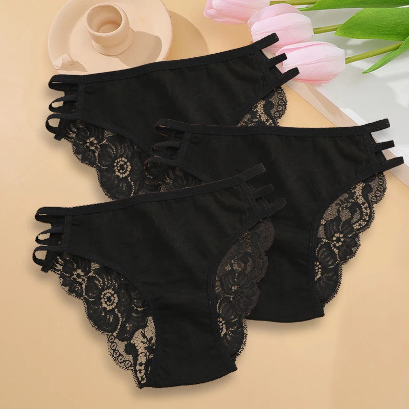 Calcinha Feminina Floral Renda Transparente Cintura Baixa 3 Peças