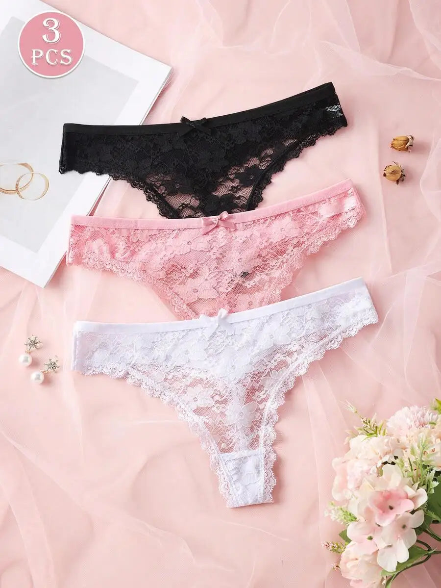 Calcinha Fio Dental Renda Transparente Feminina 3 Peças
