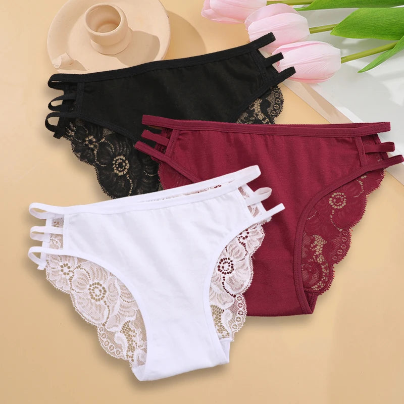 Calcinha Feminina Floral Renda Transparente Cintura Baixa 3 Peças