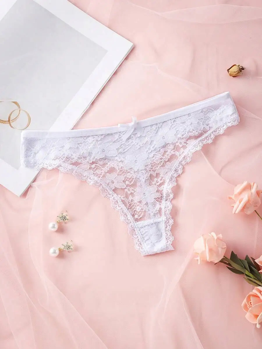 Calcinha Fio Dental Renda Transparente Feminina 3 Peças