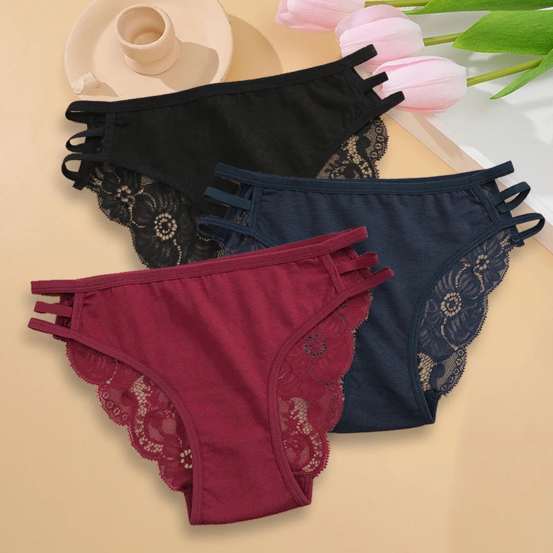 Calcinha Feminina Floral Renda Transparente Cintura Baixa 3 Peças