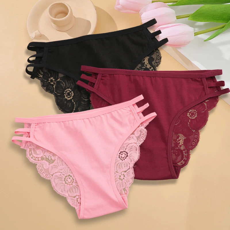Calcinha Feminina Floral Renda Transparente Cintura Baixa 3 Peças