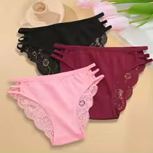 Calcinha Feminina Floral Renda Transparente Cintura Baixa 3 Peças