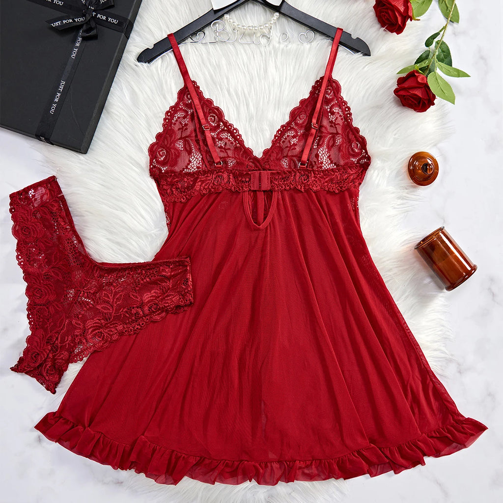 Vestido Lingerie Sexy Renda Transparente Decote V