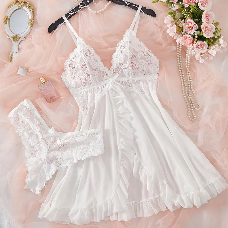 Vestido Lingerie Sexy Renda Transparente Decote V