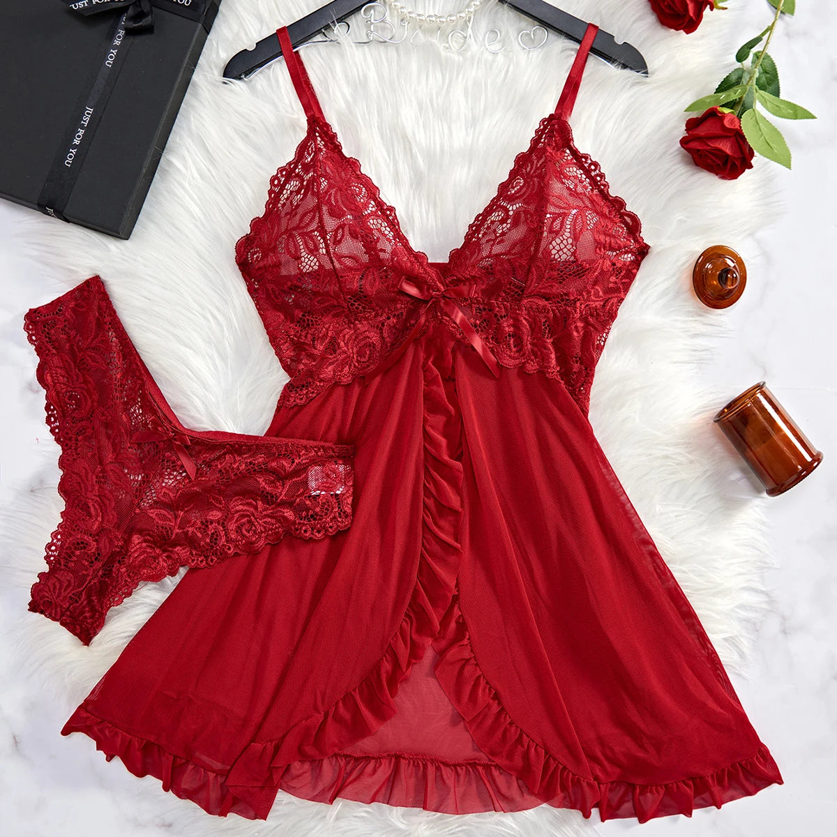 Vestido Lingerie Sexy Renda Transparente Decote V