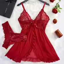 Vestido Lingerie Sexy Renda Transparente Decote V