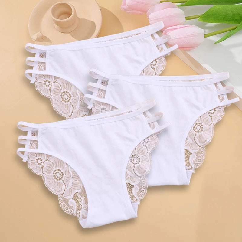 Calcinha Feminina Floral Renda Transparente Cintura Baixa 3 Peças